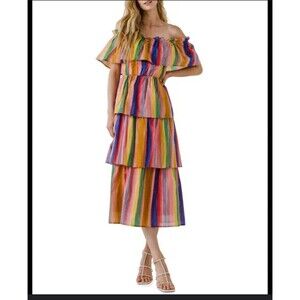 English Factory Off Shoulder Striped Tiered Maxi Dress S Resort Beach Travel
